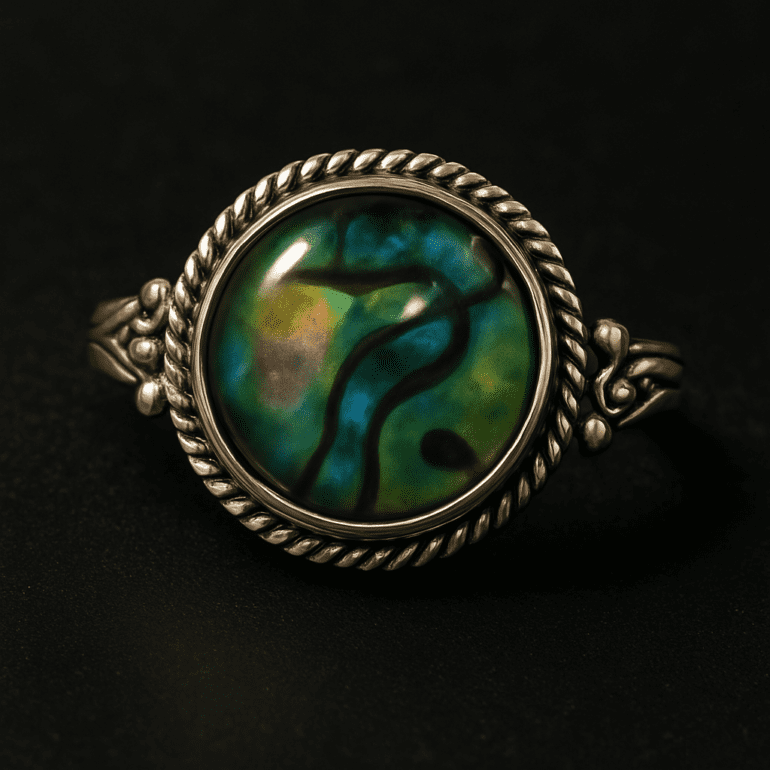 Round Abalone Crystal Twisted Rope Bezel Solid Sterling Silver Ring
