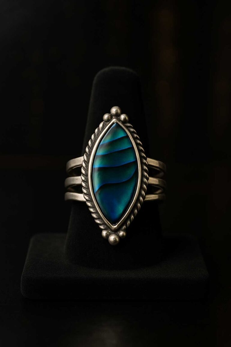Abalone Crystal Marquise-shaped Twisted Rope Bezel Solid Sterling Silver Ring