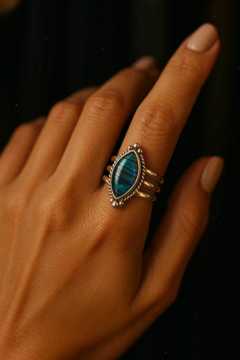 Abalone Crystal Marquise-shaped Twisted Rope Bezel Solid Sterling Silver Ring