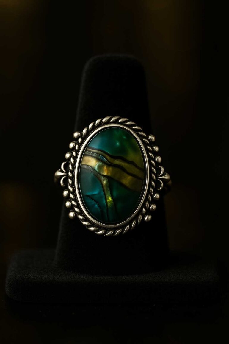 Oval Abalone Crystal Twisted Rope Bezel Solid Sterling Silver Ring