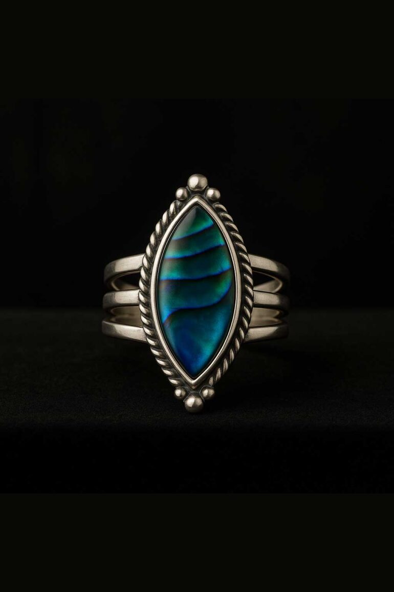 Abalone Crystal Marquise-shaped Twisted Rope Bezel Solid Sterling Silver Ring