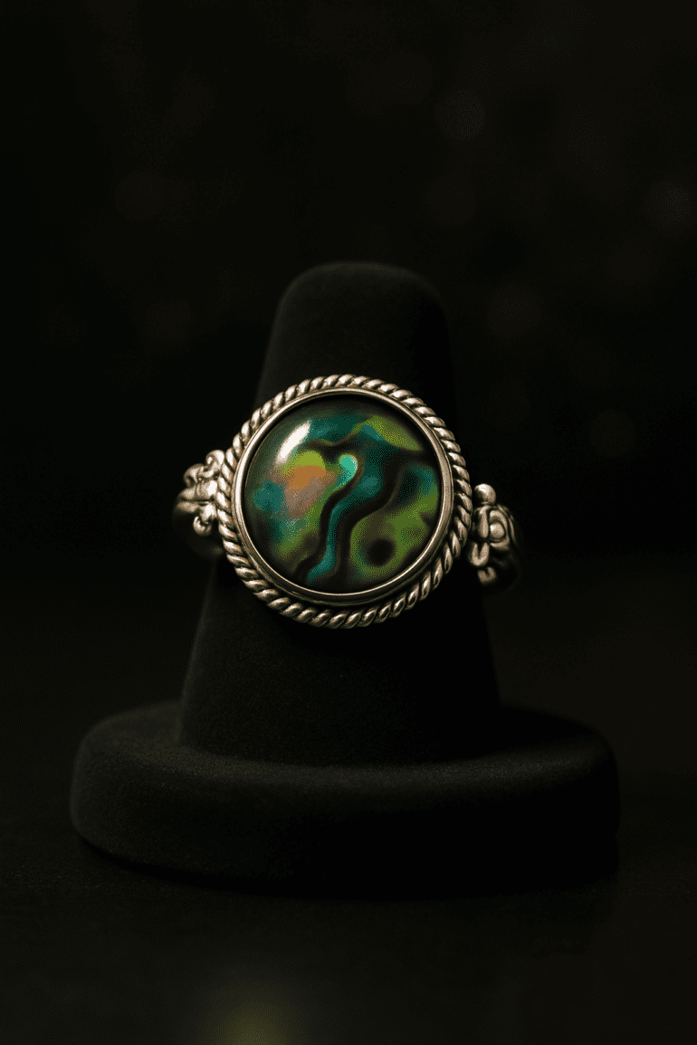 Round Abalone Crystal Twisted Rope Bezel Solid Sterling Silver Ring