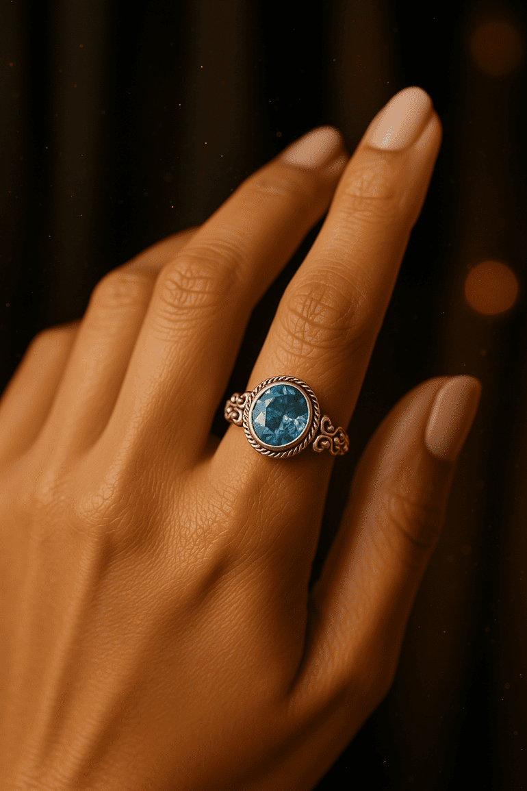 Blue Topaz Twisted Rope Bezel Solid Sterling Ring