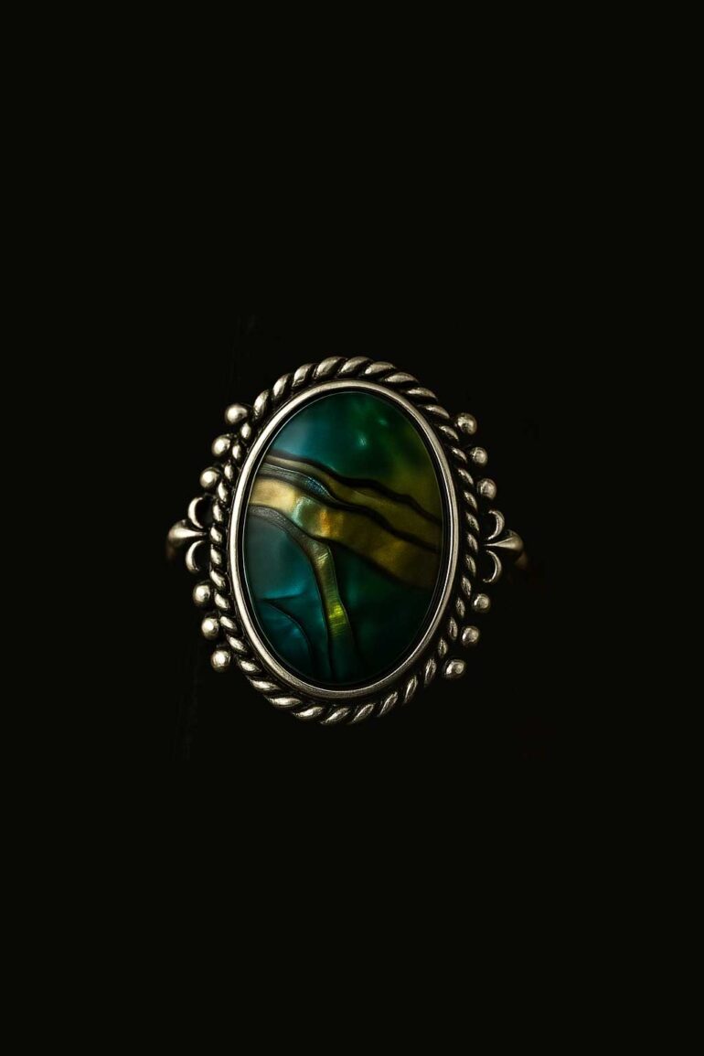 Oval Abalone Crystal Twisted Rope Bezel Solid Sterling Silver Ring