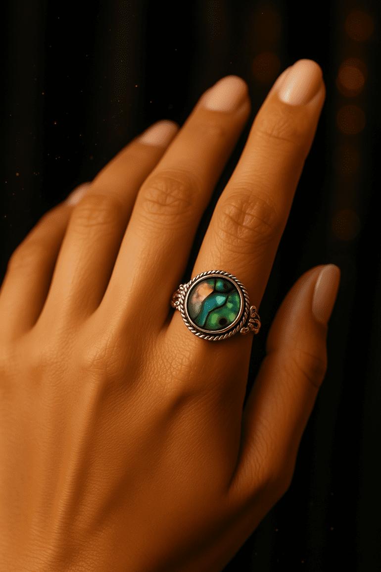 Round Abalone Crystal Twisted Rope Bezel Solid Sterling Silver Ring