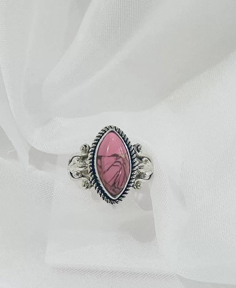 Marquise-shaped Pink Turquoise Solid Sterling Silver Ring