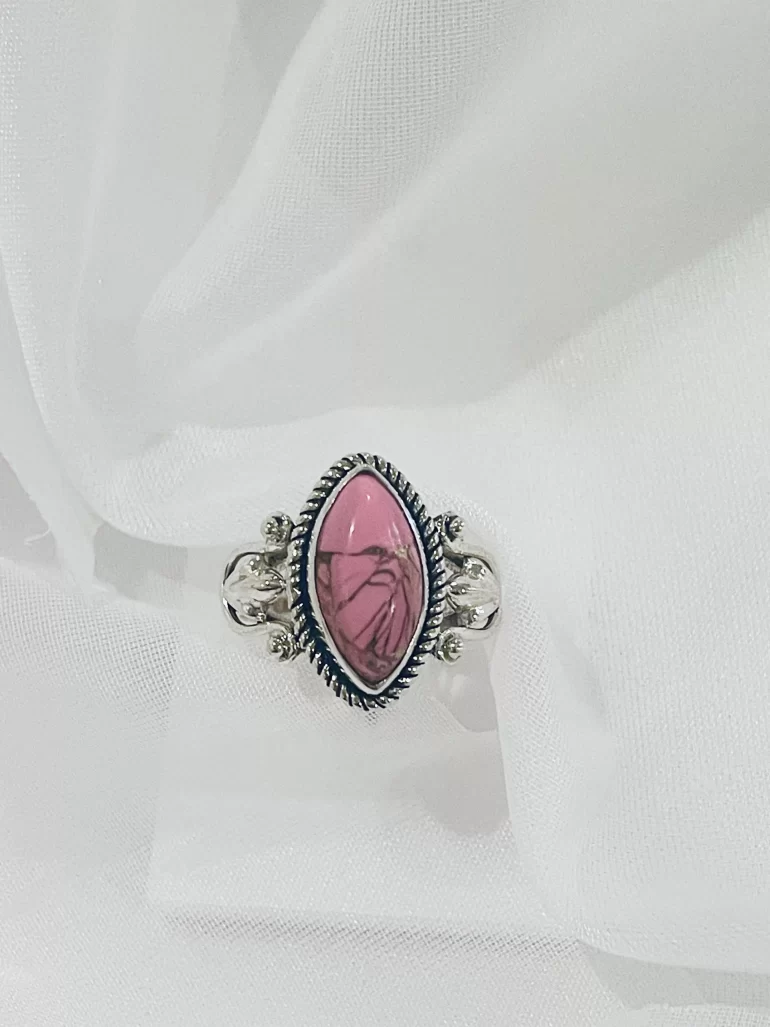 Marquise-shaped Pink Turquoise Solid Sterling Silver Ring