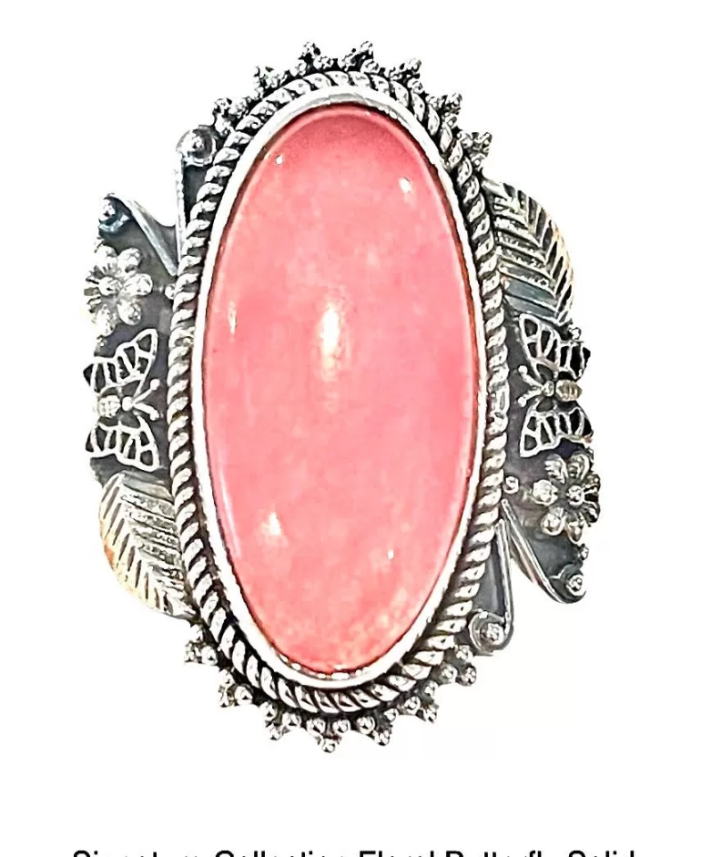 Oval Pink Jade Sterling Silver Butterfly Floral Triple Band Ring