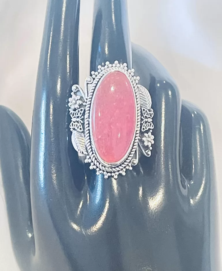 Oval Pink Jade Sterling Silver Ring