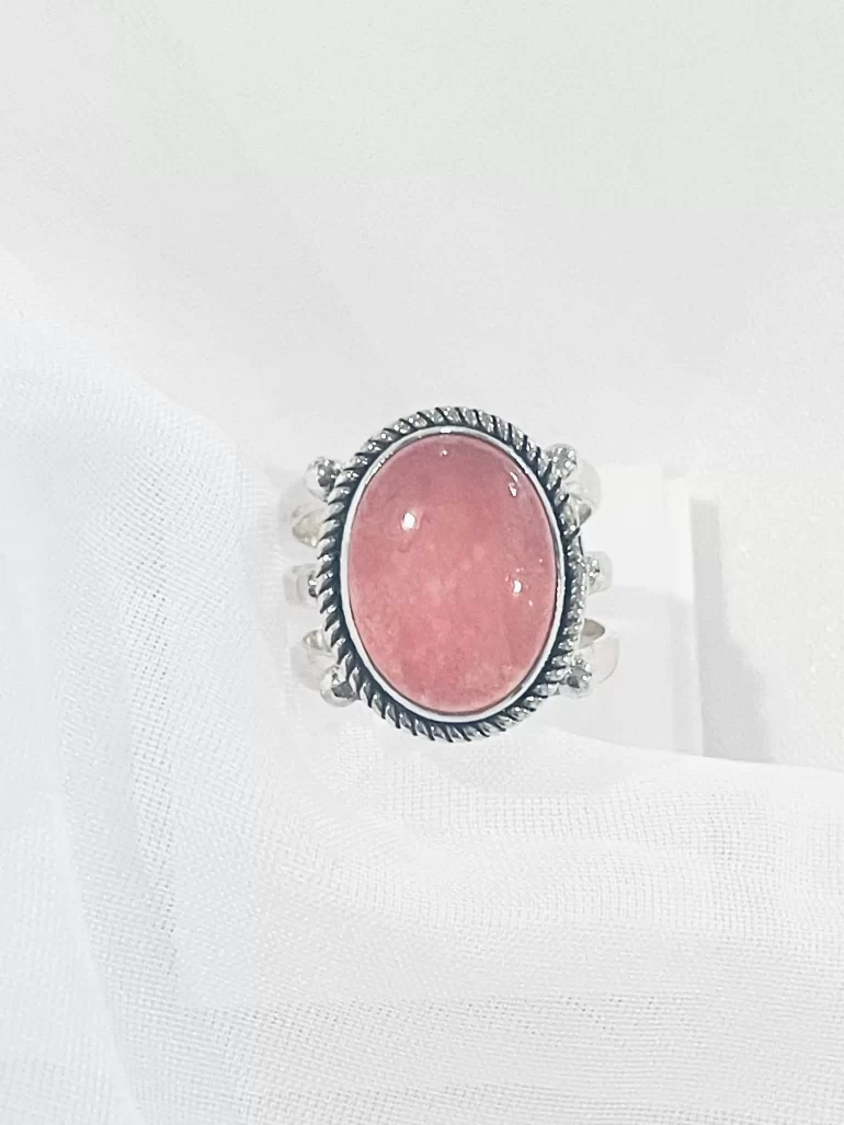 Oval Pink Jade Twisted Rope Bezel Triple Solid Sterling Silver Ring