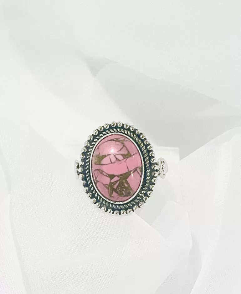 Oval Pink Turquoise Gemstone Solid Sterling Silver Ring