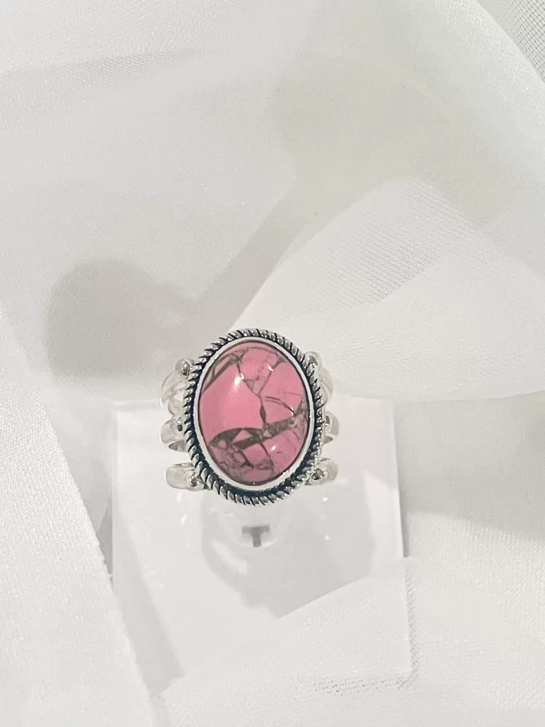 Oval Pink Turquoise Twisted Rope Bezel Triple Solid Sterling Silver Ring