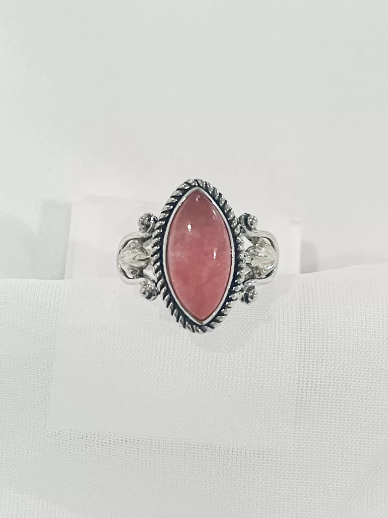 Pink Jade Marquise-shaped Twisted Rope Bezel Solid Sterling Silver Ring