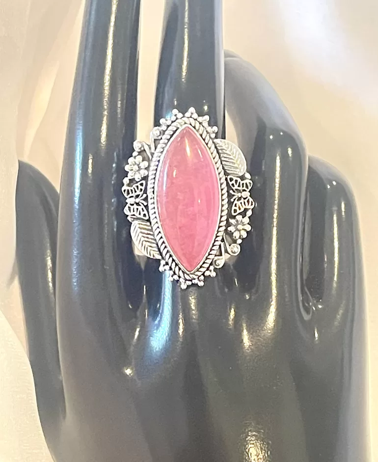 Pink Jade Sterling Silver Butterfly Floral Triple Band Ring