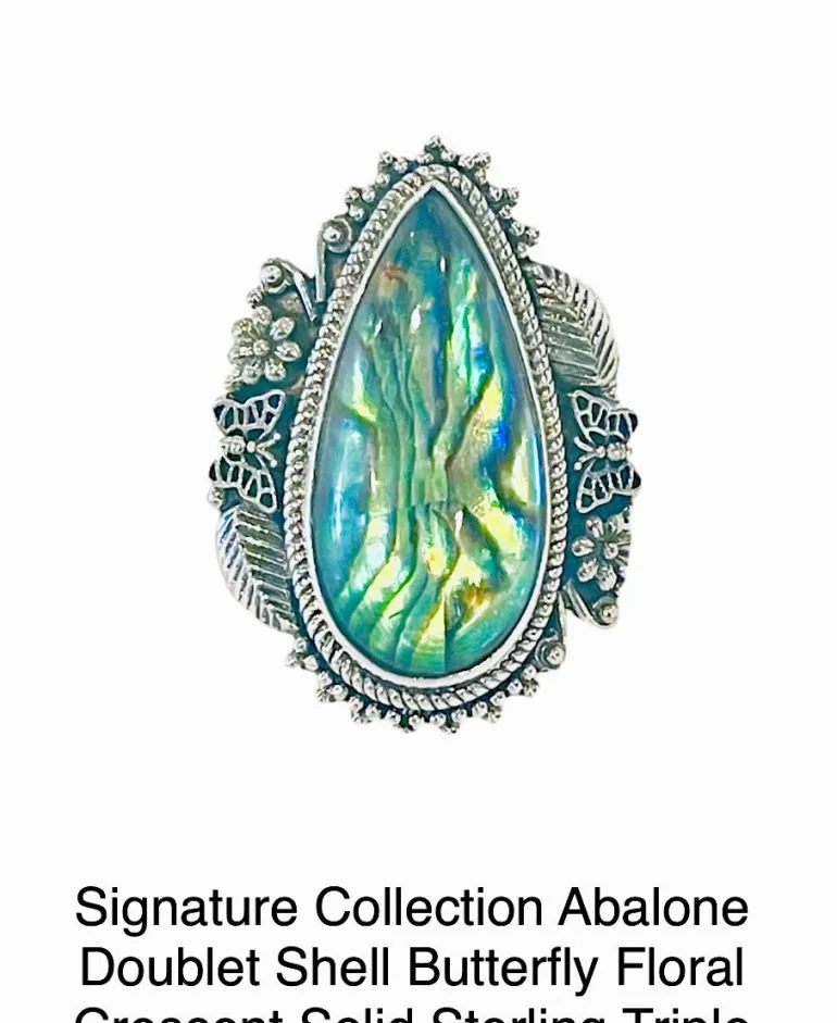 Teardrop-shaped Abalone Doublet Shell Butterfly Floral Crescent Solid Sterling Triple Band Ring