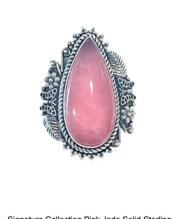 Teardrop-Shaped Pink Jade Solid Sterling Floral Butterfly Triple Band Ring