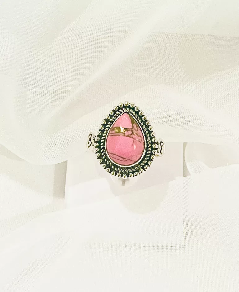 Teardrop-shaped Pink Turquoise Gemstone Solid Sterling Silver Ring