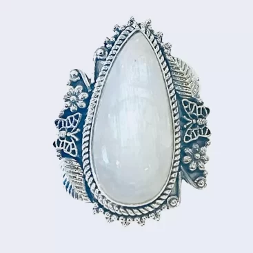 Teardrop-shaped Rainbow Moonstone Butterfly Floral Solid Sterling Triple Band Ring